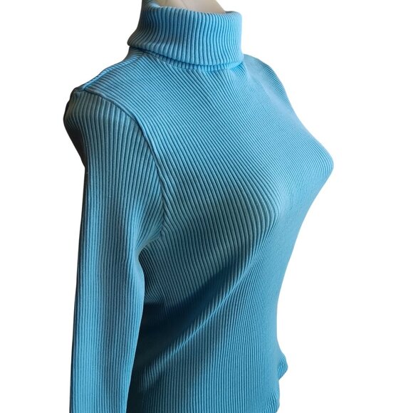 Medium Vintage Single Stitch Turtleneck Sweater Top Ribbed Baby Blue Back Zipper - Picture 4 of 7